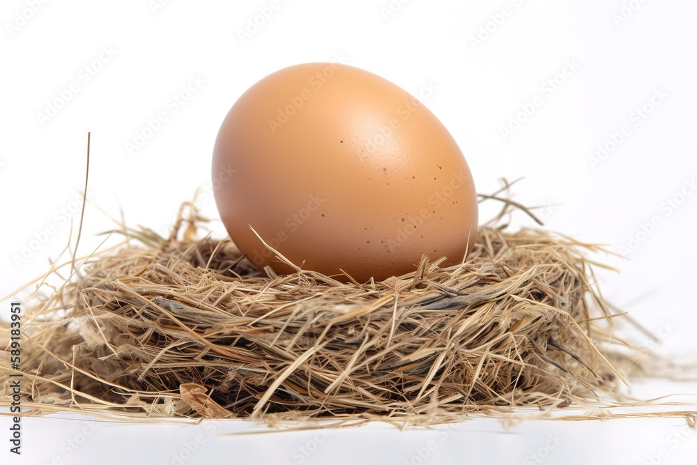 Studio shot of single chicken egg lying on hay against white background, Generative AI Studio shot of single chicken egg lying on hay against white background, Generative AI