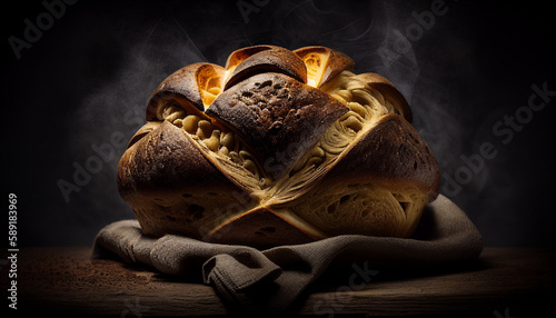Frisches Brot schwarzer Hintergrund, Generative AI  photo