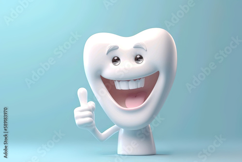 3D realistic happy white tooth , Tooth cartoon characters with thumbs up on bright background , Cleaning and whitening teeth concept, medicine. ai generated. 