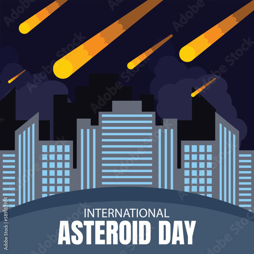 illustration vector graphic of asteroids are falling on the city, perfect for international day, international asteroid day, celebrate, greeting card, etc.