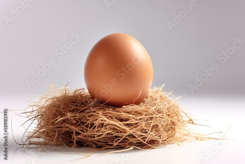 Studio shot of single chicken egg lying on hay against white background, Generative AI
