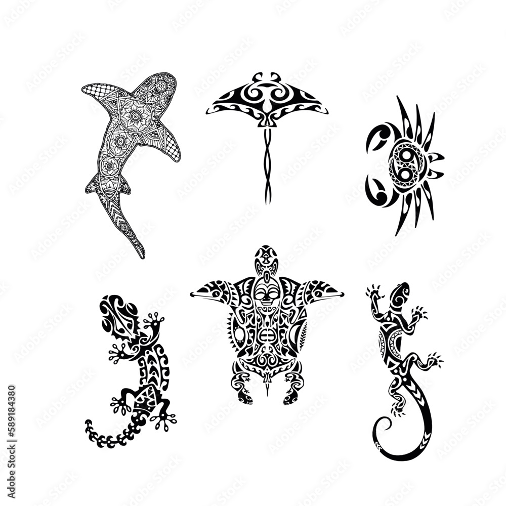 Polynesian tribal tattoo turtle, fish, lizard, stingray, crab. Totem ...