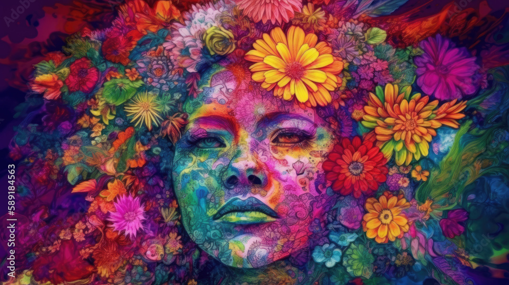 psychedelic floral lady portrait, Gaia soul - by generative ai