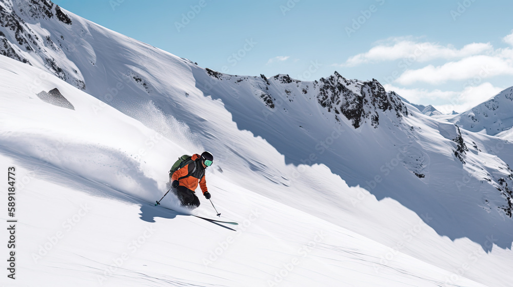 skier winter mountain extreme skiing - by generative ai - obrazy, fototapety, plakaty 