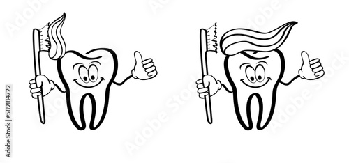 Cartoon tooth with gums, toothbrush and toothpaste. Molar pattern. Vector drawing icon. Damage teeth brush or tooth brush with caries. Cracked tooth, mouth and dental, damage. For brush day.d. 
