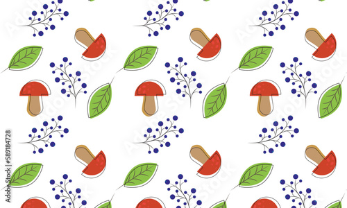 Vector seamless pattern with leaves and mushrooms for the design of fabrics, clothes, banners