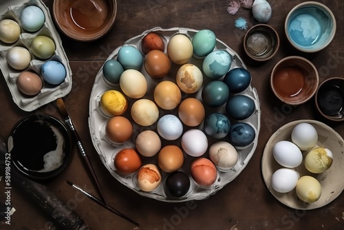 Top view of chicken eggs painted with aquarelle placed on table for Easte, Generative AI