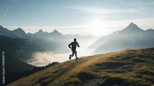 hiker on top of mountain running - by generative ai
