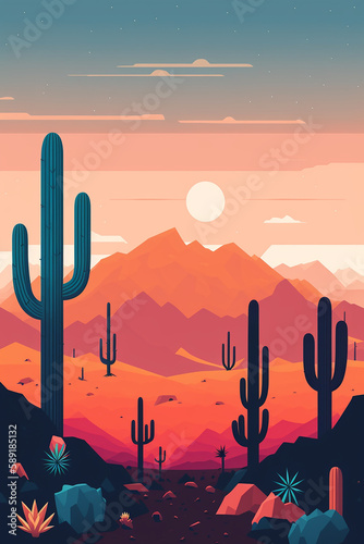 Minimalistic flat design cactus desert mountain landscape illustration. Generative AI