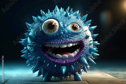 Fantasy illustration of virus character with happy face. Coronavirus monster. ai generated.