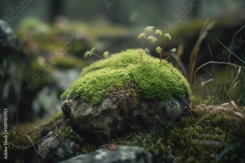 Unknown plant on moss covered rock, Generative AI