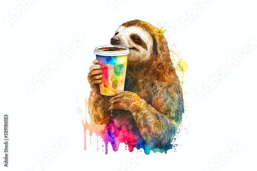 sloth drinking coffee painted with watercolors isolated on white background. AI generation