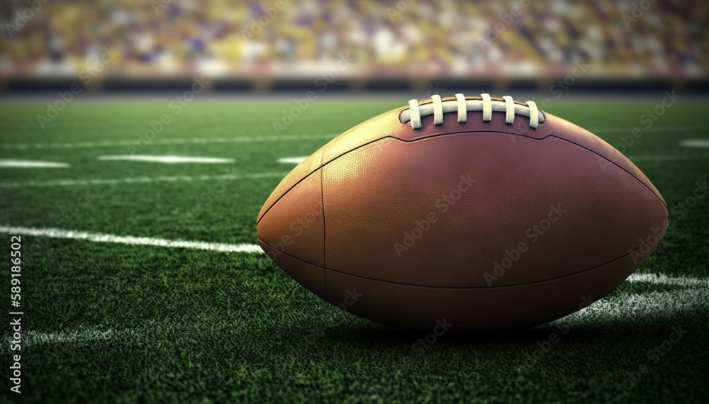 Obraz premium Closeup of American football on fresh field on the background of blurred stands, ball for American football, generative ai