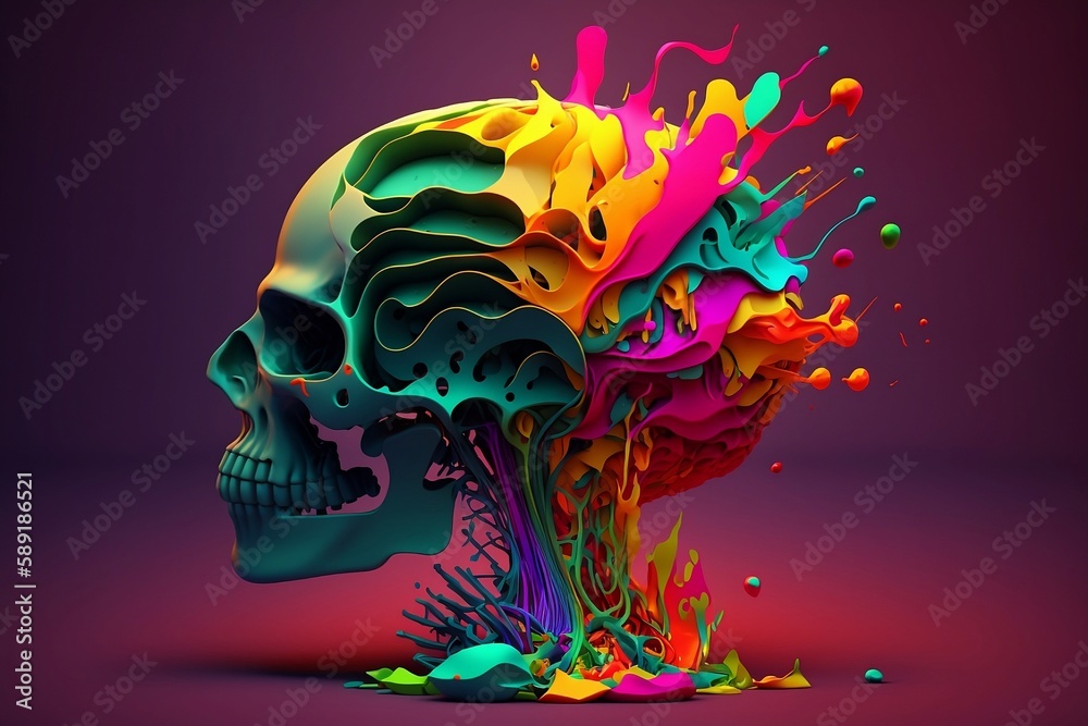 Human skull with a bright colorful brain isolated on clean background. Brainstorm thinking ideas
