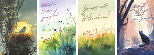 Spring watercolor illustration. Birds in the nest, cat on the street, grass and meadow. Sunlight. Set of vector pictures.