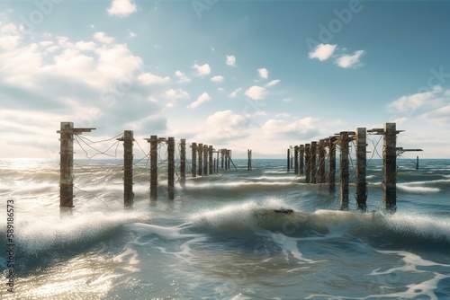 View Of Waves On Old Pier Against Sky  Generative AI