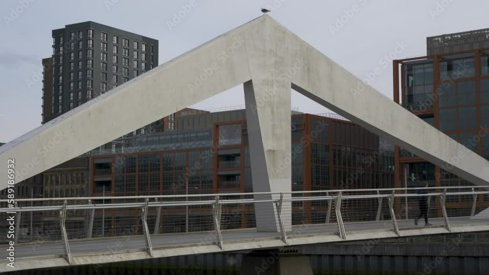Time lapse of people walking over the Squiggly Bridge in Glasgow, Scotland Time lapse of people walking over the Squiggly Bridge in Glasgow, Scotland