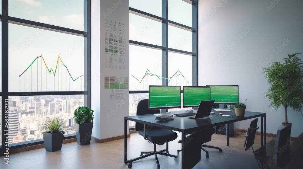An office space with modern decor and natural light. In the center of the table sits a laptop displaying financial charts and graphs. Generative AI An office space with modern decor and natural light. In the center of the table sits a laptop displaying financial charts and graphs. Generative AI