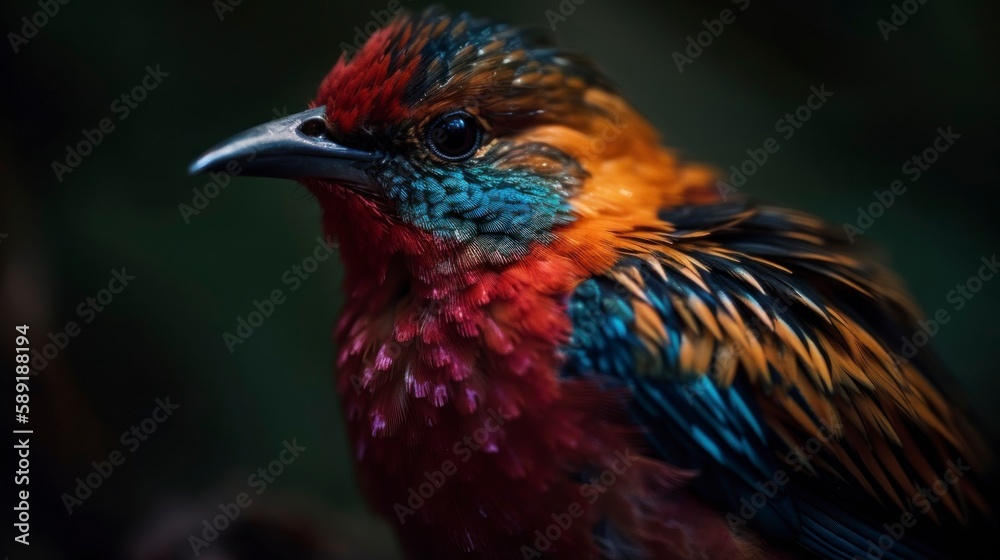 Vibrant Portrait of a Colorful Bird on Dark Background - Shot with Stunning Detail and Vivid Plumage, Showcasing the Exotic Beauty of Nature's Feathered Fauna