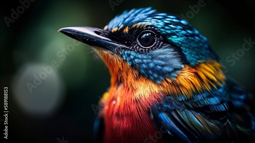 Vibrant Portrait of a Colorful Bird on Dark Background - Shot with Stunning Detail and Vivid Plumage, Showcasing the Exotic Beauty of Nature's Feathered Fauna © Anna Elizabeth