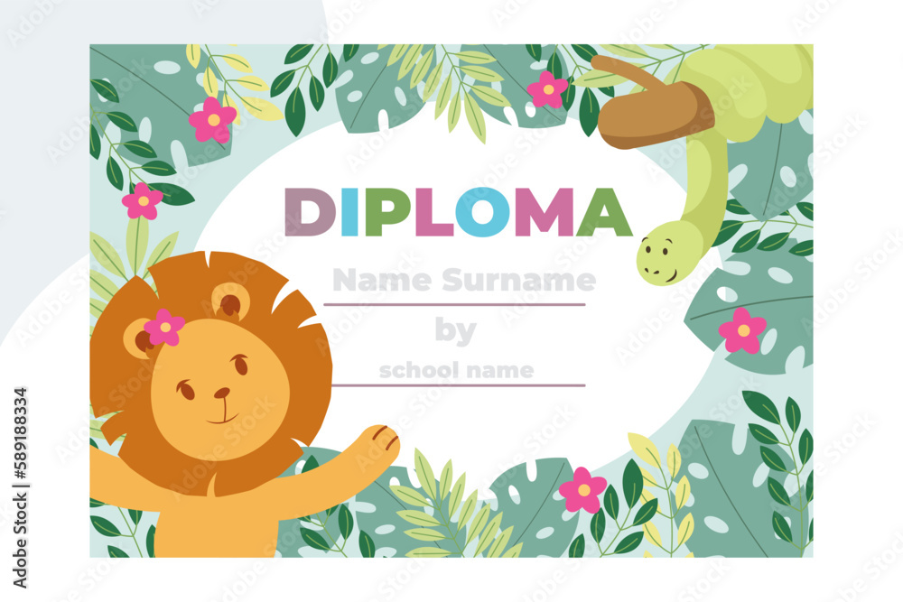 Fototapeta premium Kids diploma with woodland animals and Indian child for school, preschool, kindergarten.