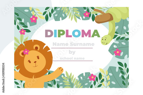 Kids diploma with woodland animals and Indian child for school, preschool, kindergarten.