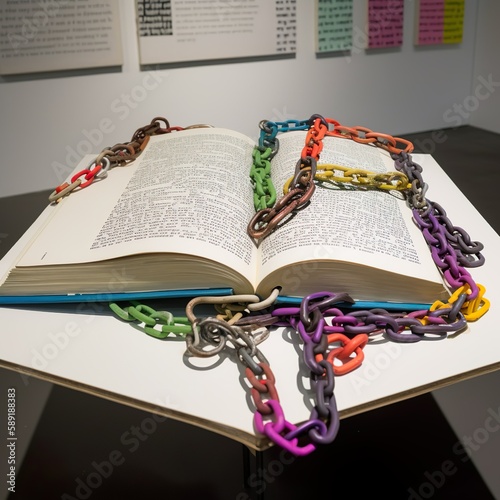 The Battle for Expression, open book in the center, with entangled with chains, symbolizing the struggle between free expression and censorship.