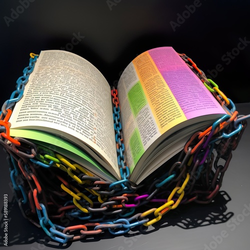 The Battle for Expression, open book in the center, with entangled with chains, symbolizing the struggle between free expression and censorship.