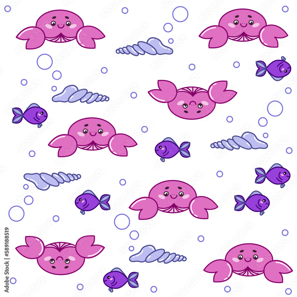 Vector seamless pattern - Cute crab in cartoon style. Sea doodle animals. Ideal for baby clothes, fabrics, textiles, baby decorations, wrapping paper. Hand-drawn style Vector seamless pattern - Cute crab in cartoon style. Sea doodle animals. Ideal for baby clothes, fabrics, textiles, baby decorations, wrapping paper. Hand-drawn style