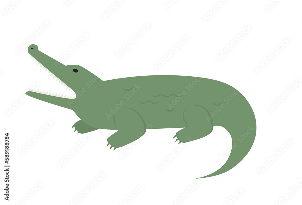 Obraz premium Concept Cute animals alligator. A flat cartoon illustration depicts a cute green alligator. The concept showcases the unique and interesting nature of animals. Vector illustration.