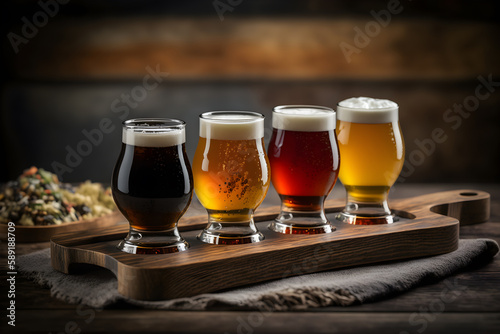 A craft beer flight with a variety of different beers in small glasses - AI Technology