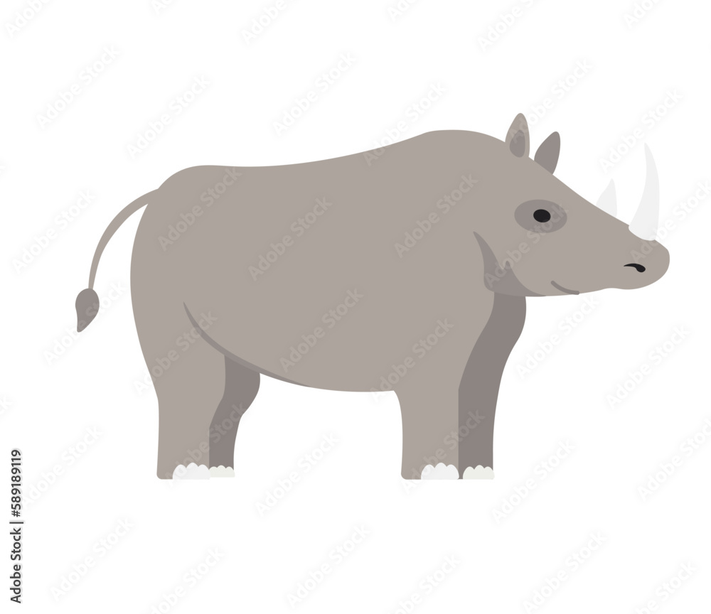 Concept Cute animals rhino rhinoceros. This is a flat vector illustration of a cute rhinoceros. Vector illustration.