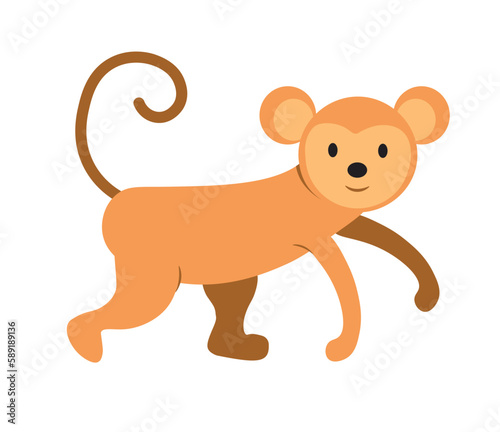 Concept Cute animals monkey ape. This is a flat vector illustration of a cute monkey or ape in a cartoon style. The scene could depict the animal. Vector illustration.