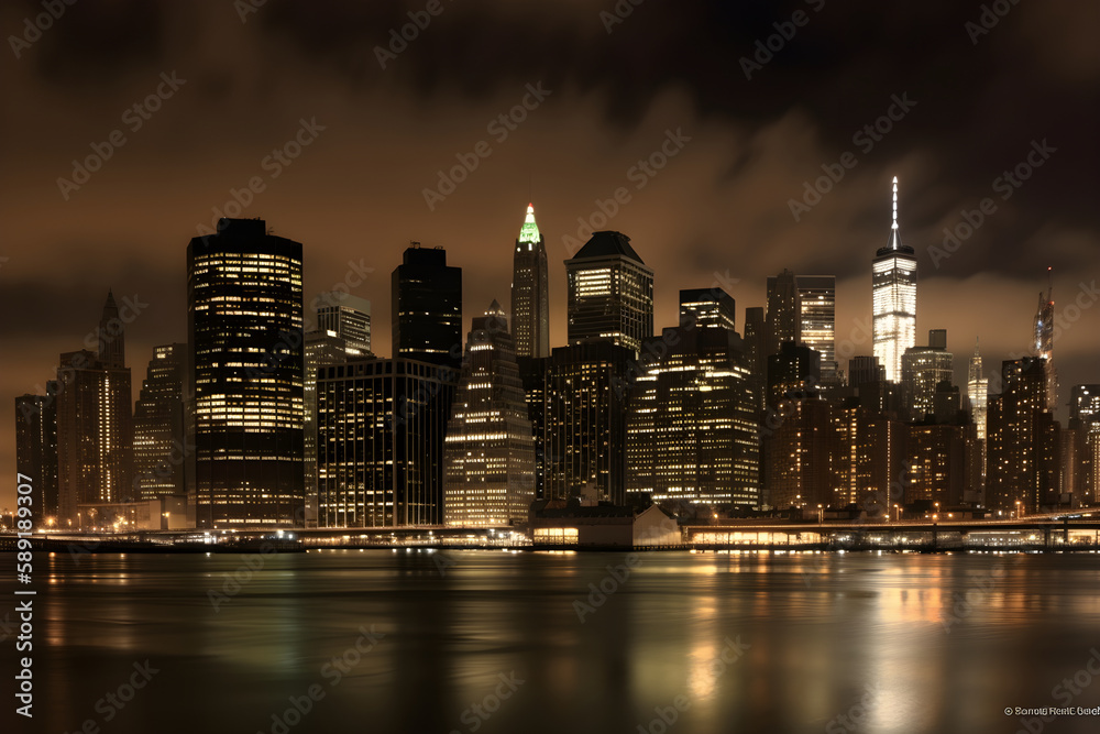 Fototapeta premium Panoramic view on city skyline with Reflections at night,ai generative