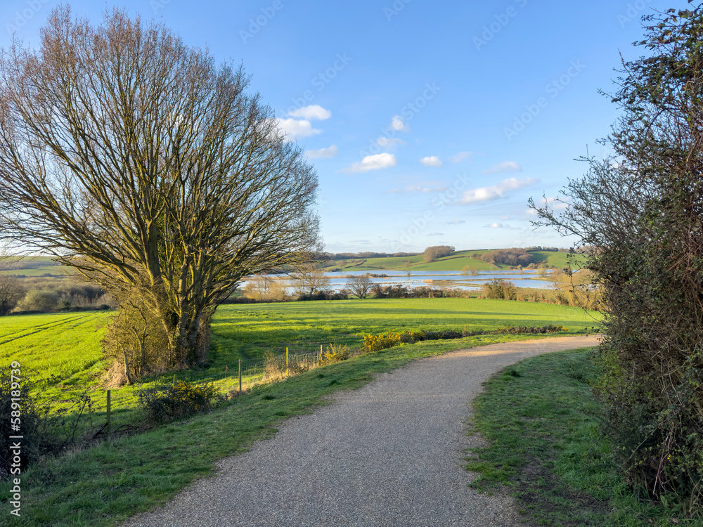 Walker's pathway into Combe Valley's winter-flooded landscape in springtime Walker's pathway into Combe Valley's winter-flooded landscape in springtime