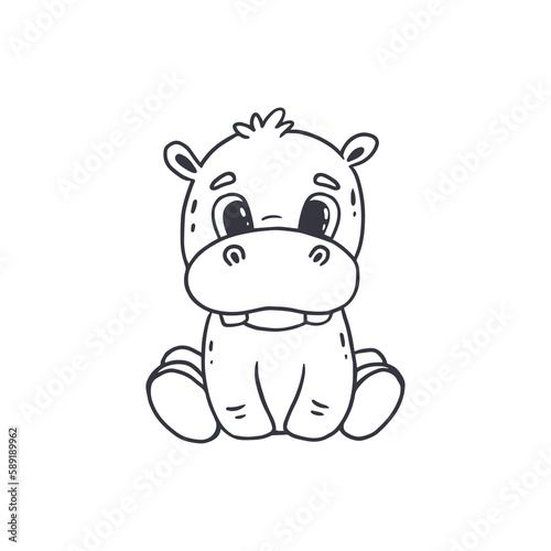 Hand drawing cartoon cute hippopotamus. Doodle illustration for card  poster design for kids  coloring page.Vector illustration 