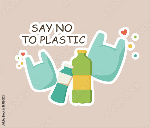 Concept Ecologic plastic bags and bottles say no plastic title.The scene features cartoon-style plastic bags and bottles, indicating the phrase No Plastic. Vector illustration.
