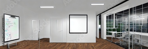 an office area with wooden floors and a large white board, generative AI.