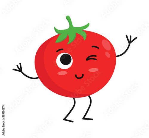 Concept Cute vegan food tomato vegetable. The illustration portrays the concept of veganism using a flat vector design. Vector illustration.