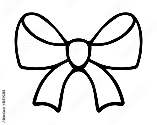 The bow is decorative. The ribbon is beautifully tied. Sketch. Festive decoration for gift, surprise, bouquet with ribbons. Knot. Vector illustration. Coloring book for children. Outline on isolated b