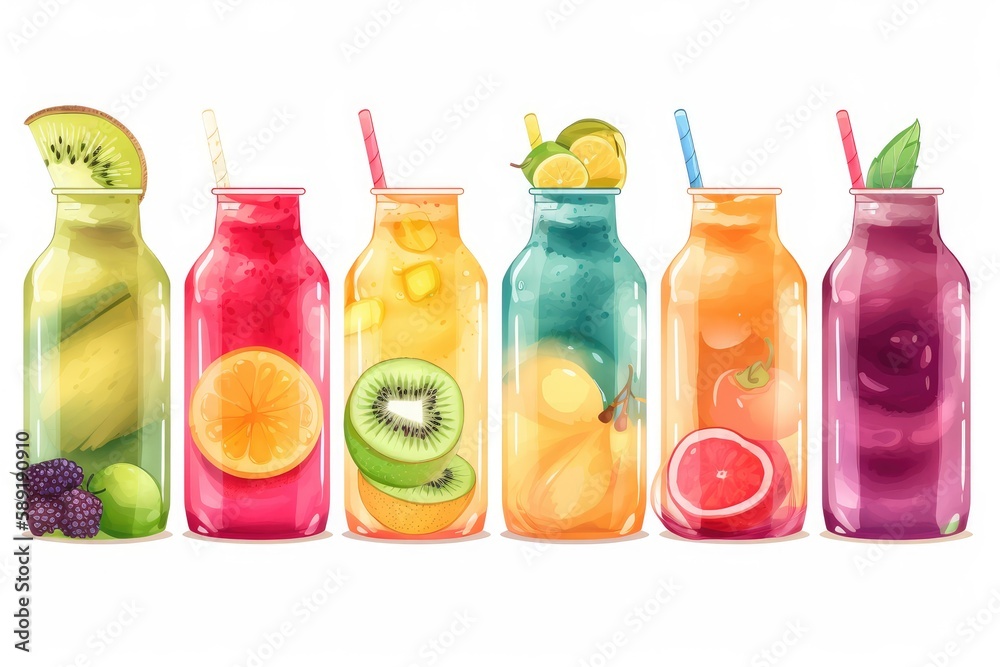 Set of juices and smoothies from berries and fruits on white background. Generative AI Set of juices and smoothies from berries and fruits on white background. Generative AI