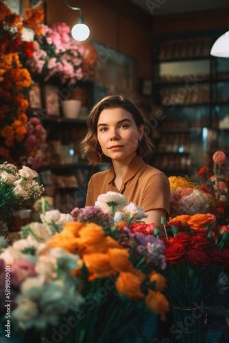 Woman Holding Bouquet of Flowers in Colorful Flower Shop - Generative AI
