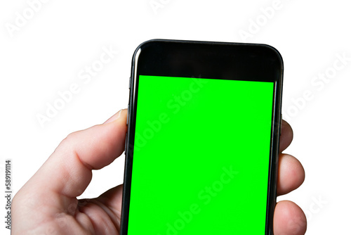 Smartphone mockup with green screen display. Hand with smartphone. A man holding a mobile phone isolated on transparent background