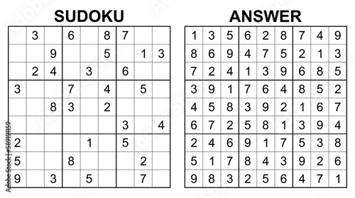 Vector sudoku with answer. Educational game with numbers for kids and leisure for adult on white background.	