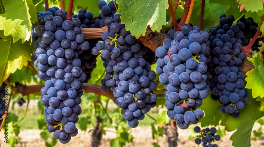 Naklejka premium Closeup of blue grape in vineyard with sunlight. Winery and grapevine growing background frame. Generative AI