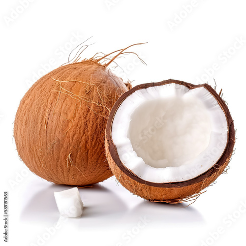 Fresh raw coconut with palm leaves isolated on white background. High resolution image. Generative AI