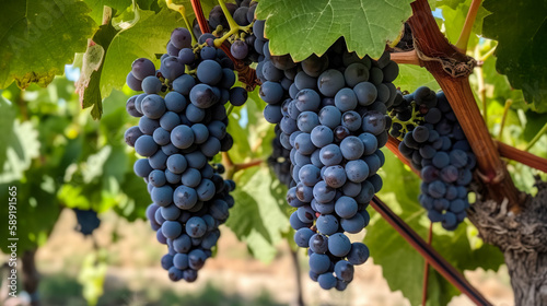 Closeup of blue grape in vineyard with sunlight. Winery and grapevine growing background frame. Generative AI