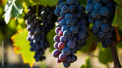 Closeup of blue grape in vineyard with sunlight. Winery and grapevine growing background frame. Generative AI