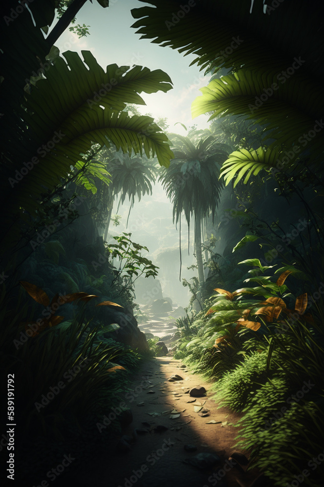 Naklejka premium Beautiful sunlight in the jungle generative AI