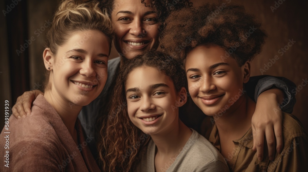 An image of a loving LGBT family, with two lesbian parents and their children, smiling and embracing each other, against a warm and welcoming background. Generative AI An image of a loving LGBT family, with two lesbian parents and their children, smiling and embracing each other, against a warm and welcoming background. Generative AI
